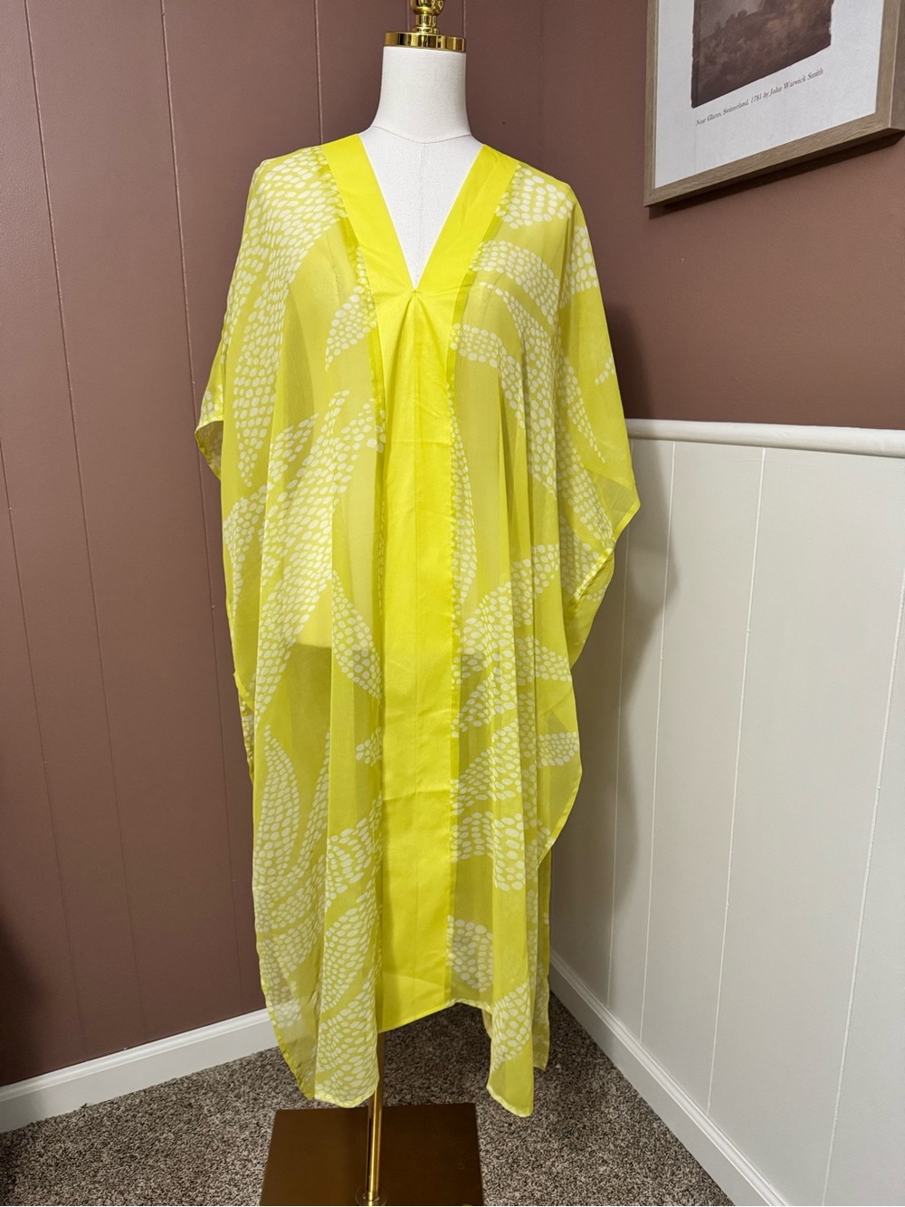Vince Camuto Yellow & White Sheer Swim Coverup Kaftan